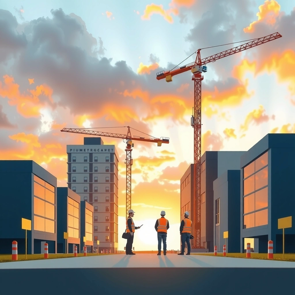 Modern construction site with cranes and workers building a new development